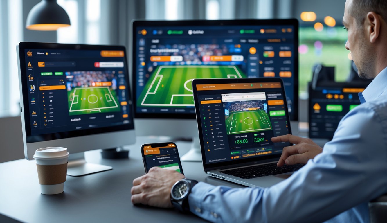 Seorang pria menggunakan laptop dan ponsel di meja kerja dengan layar komputer menampilkan pertandingan sepak bola dan informasi taruhan.