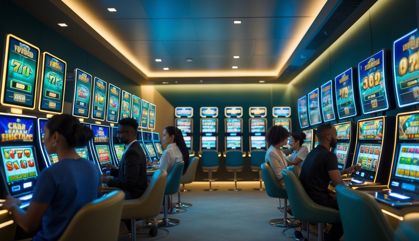 Orang-orang menggunakan perangkat digital untuk bermain mesin slot online di ruangan modern yang terang dan nyaman.