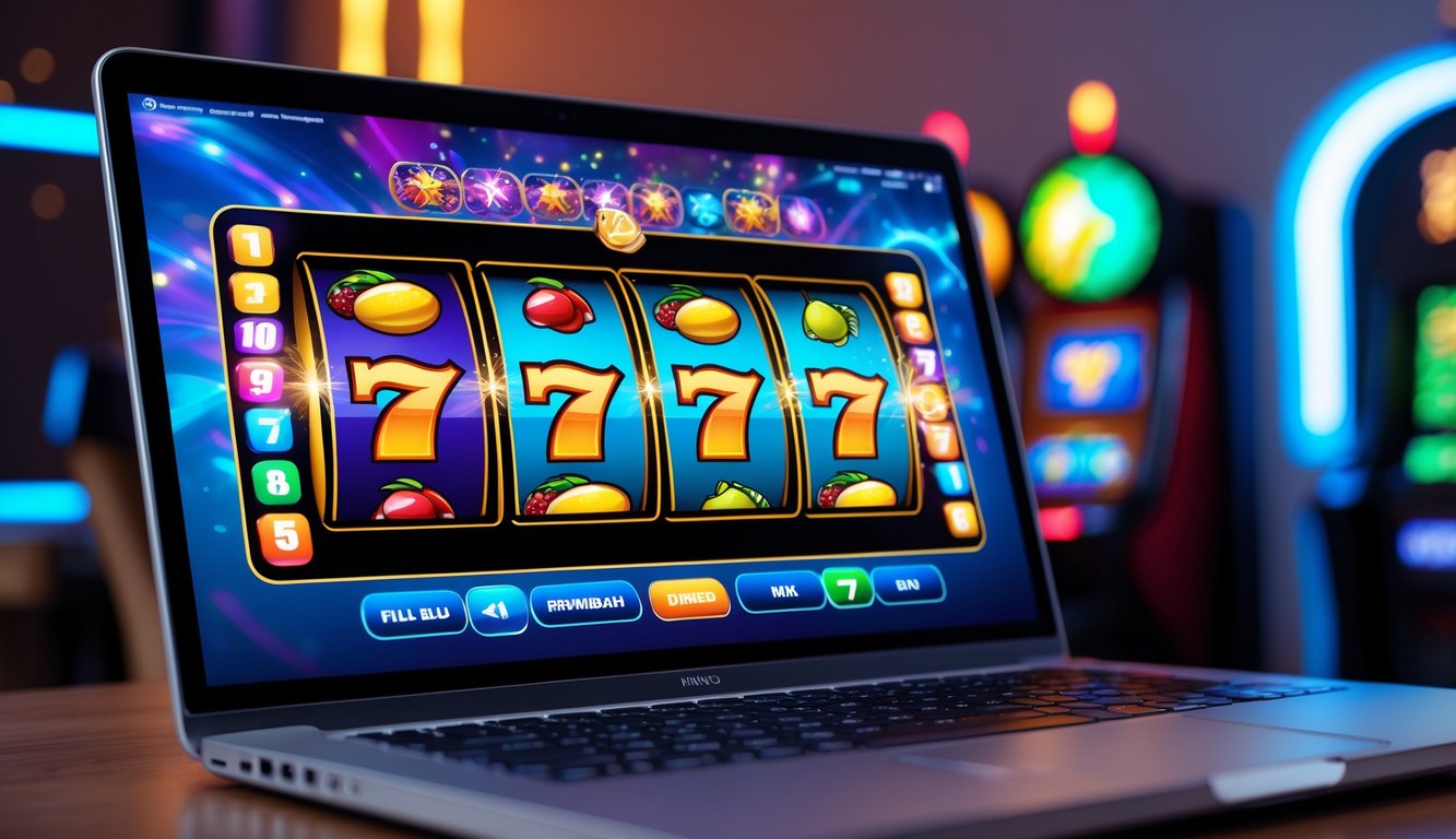 Sebuah komputer menampilkan permainan mesin slot berwarna-warni dengan latar ruangan modern dan pencahayaan yang menarik.