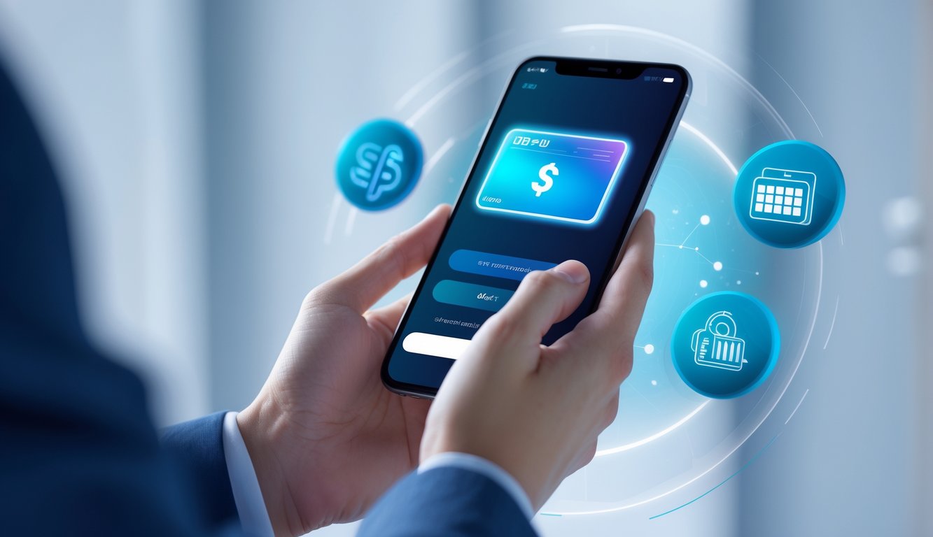 Tangan memegang ponsel dengan layar aplikasi pembayaran digital, dikelilingi ikon mata uang digital dan permainan slot.