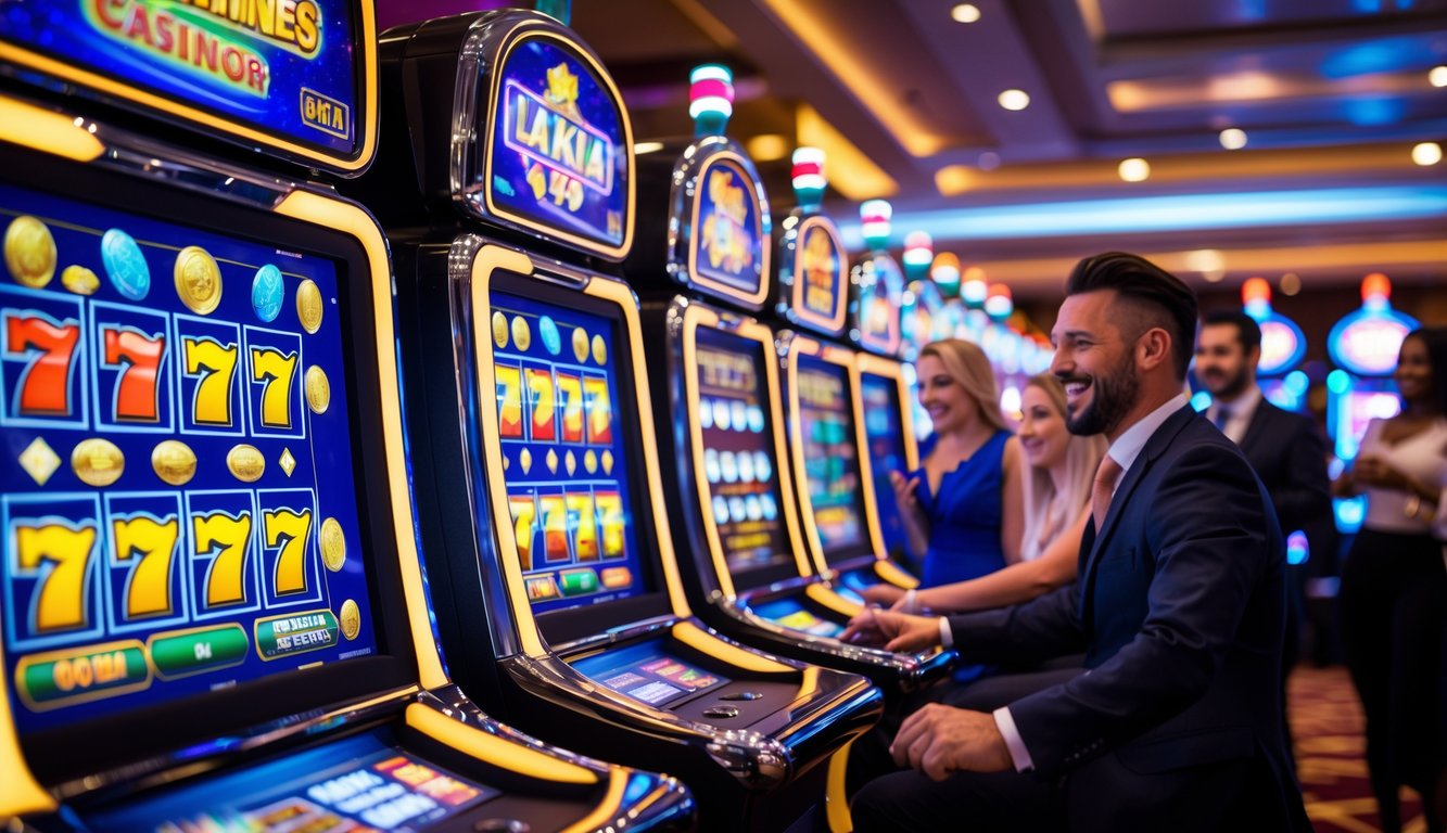 Orang-orang bermain mesin slot berwarna cerah di dalam kasino yang ramai dan modern.