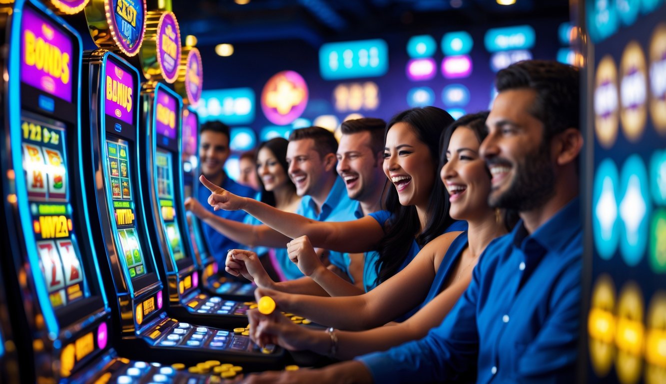 Orang-orang sedang bermain mesin slot di kasino dengan suasana ceria dan mesin yang berwarna-warni.
