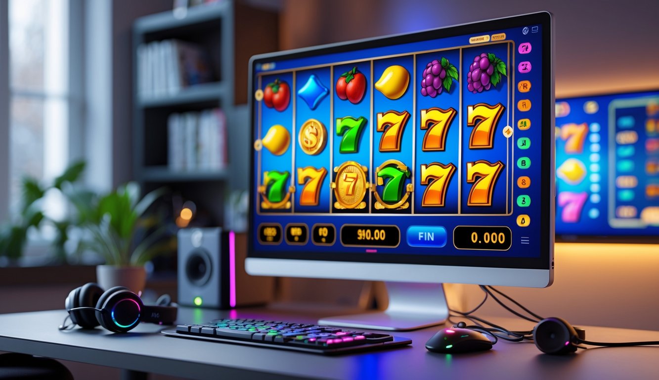 Sebuah layar komputer menampilkan permainan slot online dengan simbol buah dan koin emas di meja kerja yang rapi dengan aksesori gaming dan tanaman hias di latar belakang.