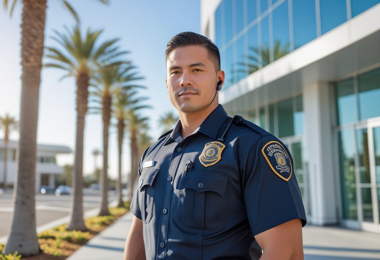 A security guard in uniform standing outside a modern office building with palm trees in the background.