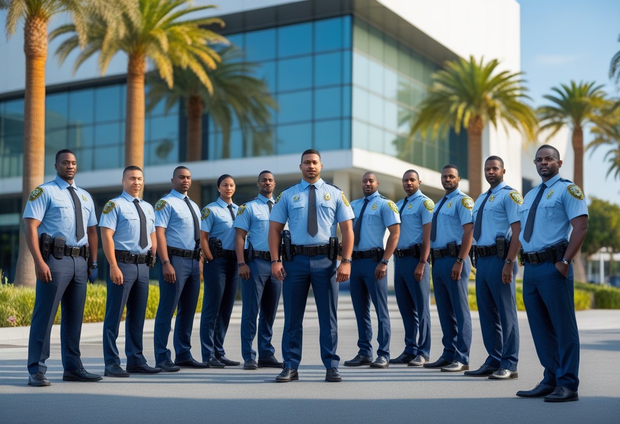 Security guards standing outside a modern office building with palm trees in the background.