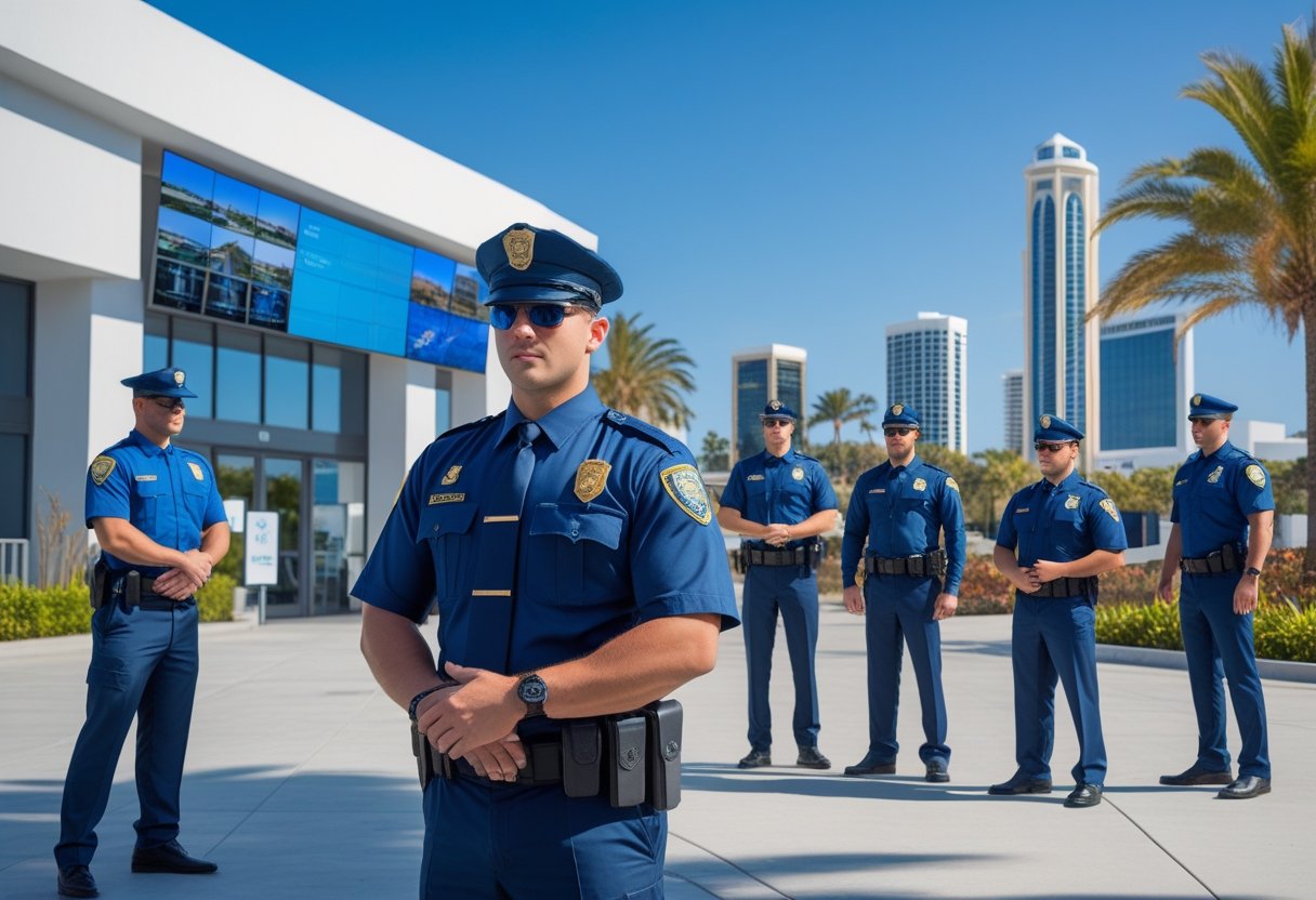 A group of security guards performing different duties including monitoring cameras, patrolling a building, assisting visitors, and managing crowd control in various Orange County locations.
