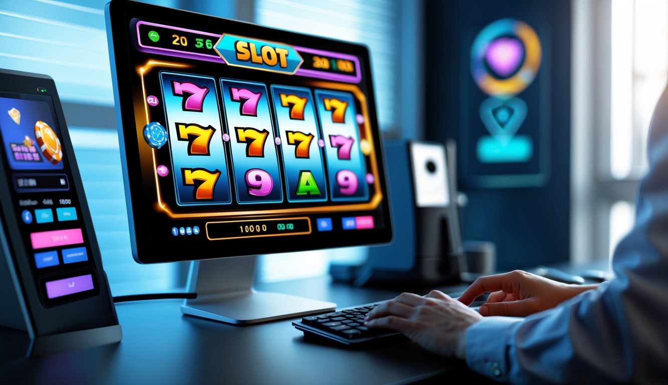 Seseorang menggunakan komputer dengan tampilan permainan slot berwarna-warni di layar di ruang kerja modern.