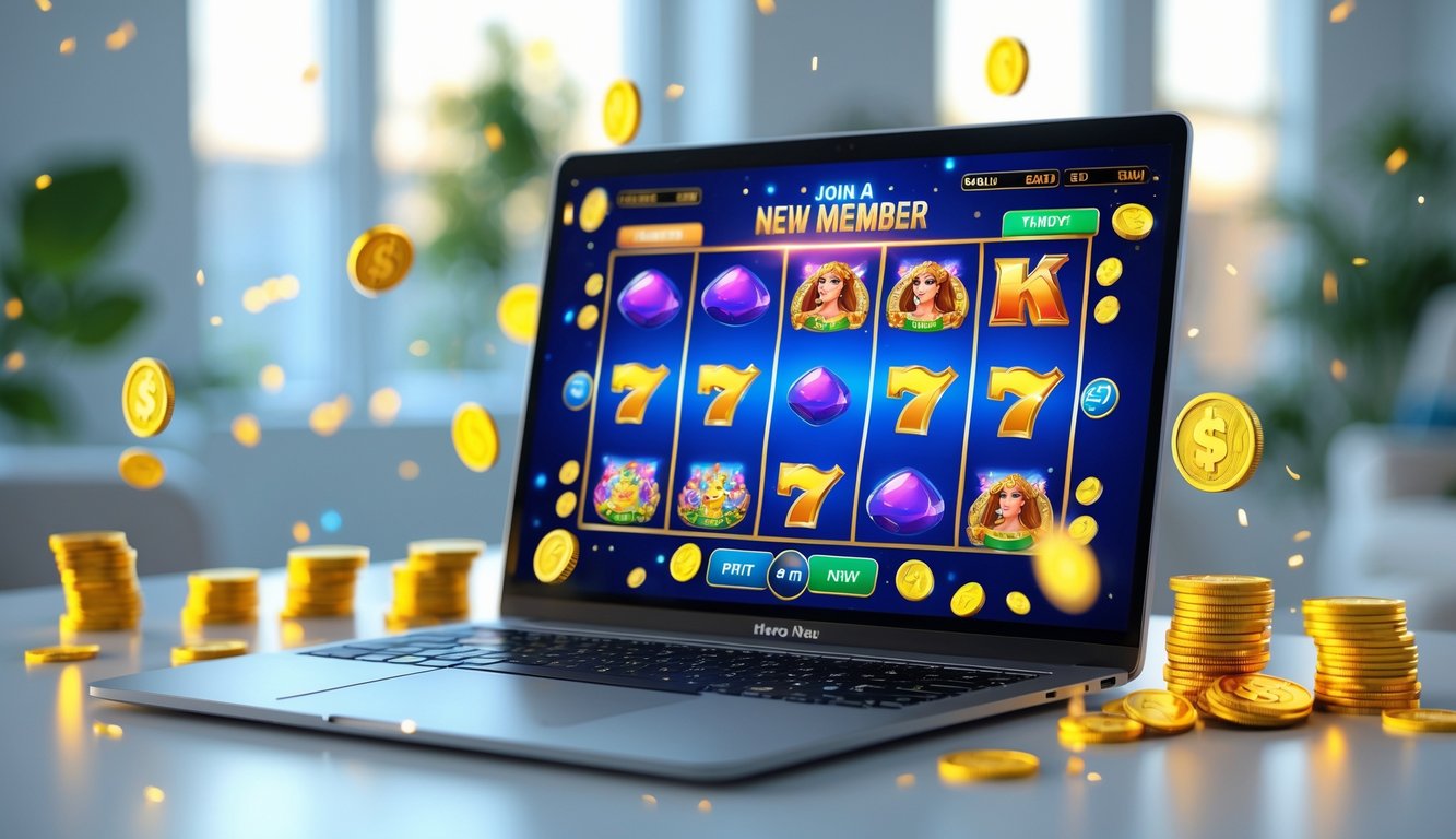 Seorang pengguna duduk di depan komputer dengan permainan slot online yang berwarna-warni di layar, dengan koin dan chip di sekitar meja di ruang yang nyaman.