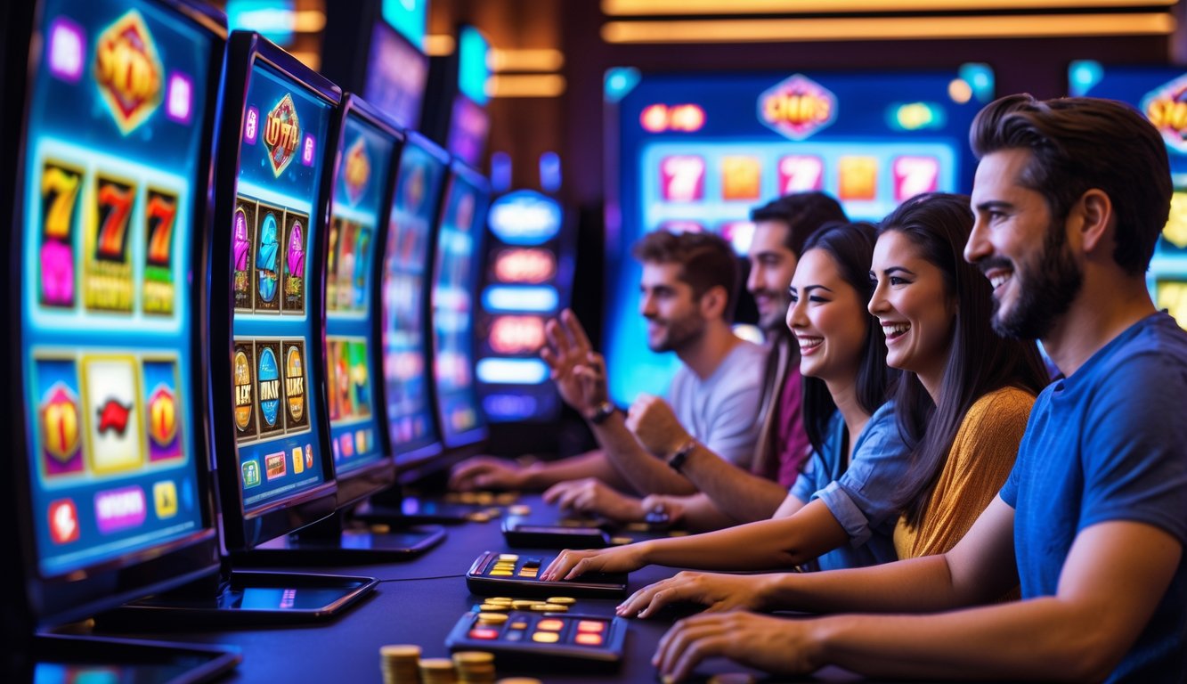 Beberapa orang muda bermain mesin slot online di sebuah ruangan modern dengan layar komputer yang menampilkan grafik mesin slot berwarna-warni.