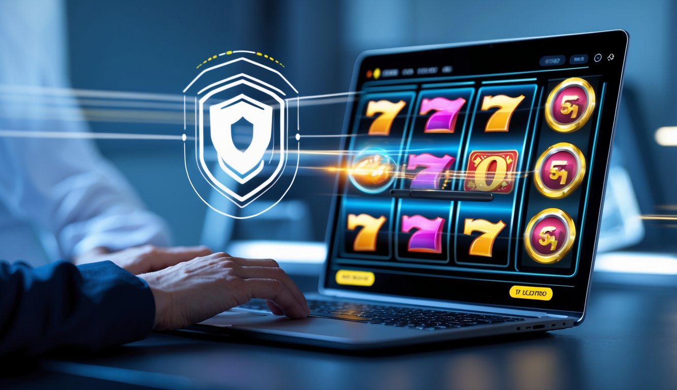 Seseorang menggunakan laptop dengan tampilan mesin slot digital yang berputar di lingkungan kerja modern.