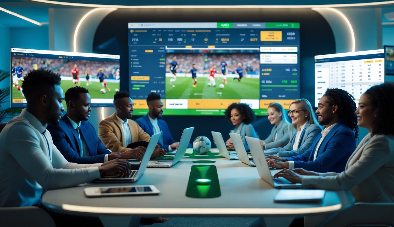 Beberapa orang menggunakan perangkat digital untuk melihat pertandingan sepak bola dan memasang taruhan online di ruangan yang modern dan terang.