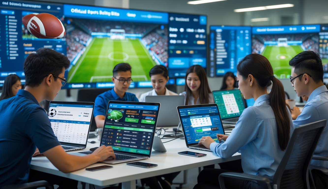 Sekelompok orang muda menggunakan perangkat digital di kantor modern dengan layar besar menampilkan pertandingan sepak bola dan informasi taruhan.