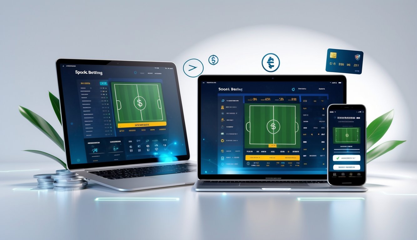 Seorang pengguna menggunakan laptop dan ponsel untuk memasang taruhan olahraga secara online dengan latar belakang bersih dan elemen pembayaran digital.