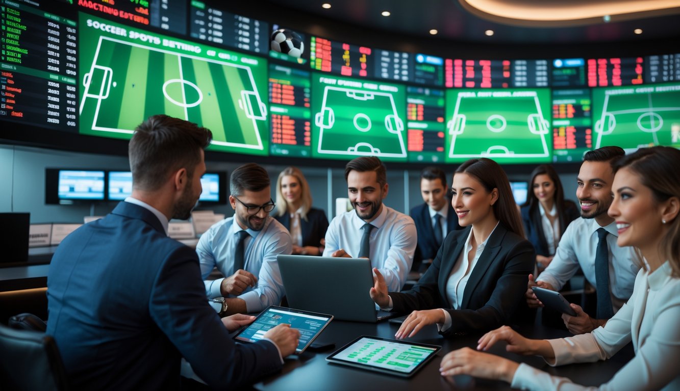 Sejumlah orang di ruangan modern sedang melihat layar besar yang menampilkan pertandingan sepak bola dan grafik peluang taruhan.