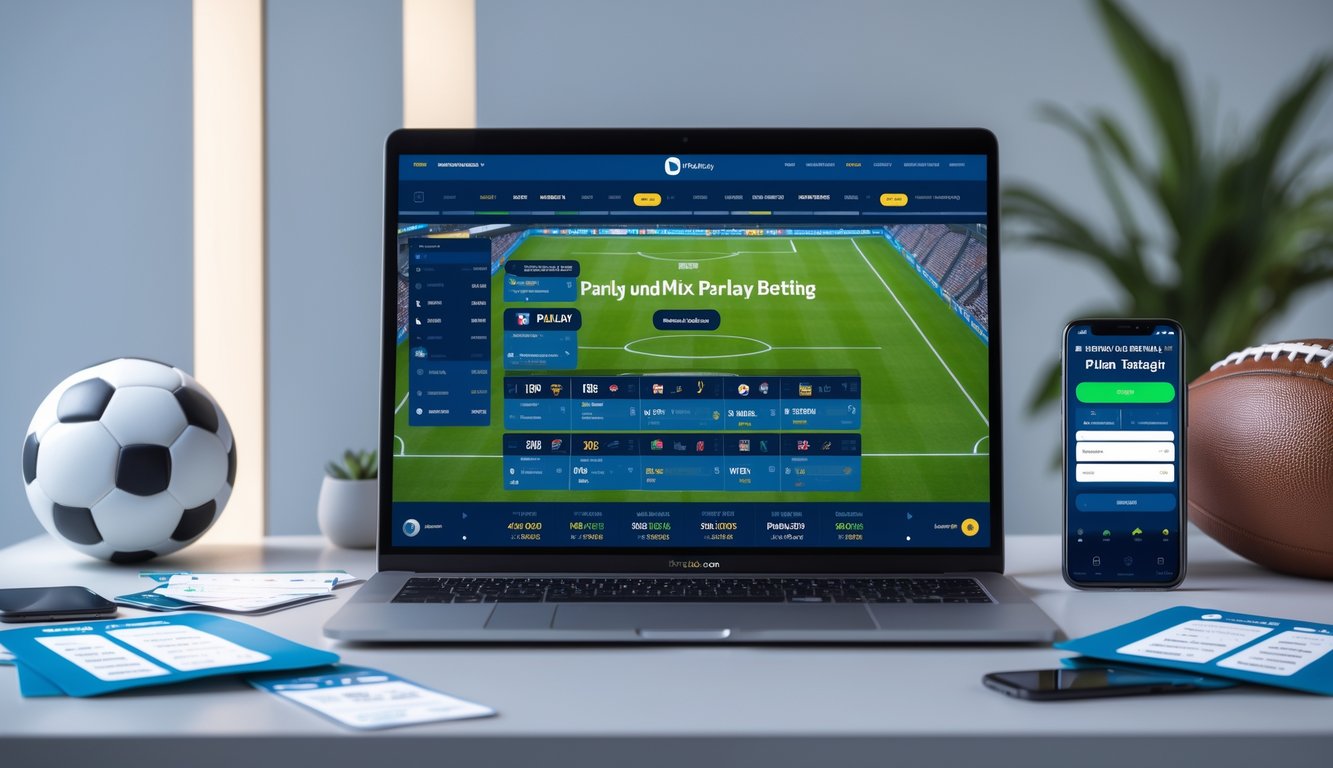 Seseorang menggunakan laptop dengan tampilan situs taruhan sepak bola online, di meja terdapat bola sepak dan ponsel yang menunjukkan peluang taruhan.