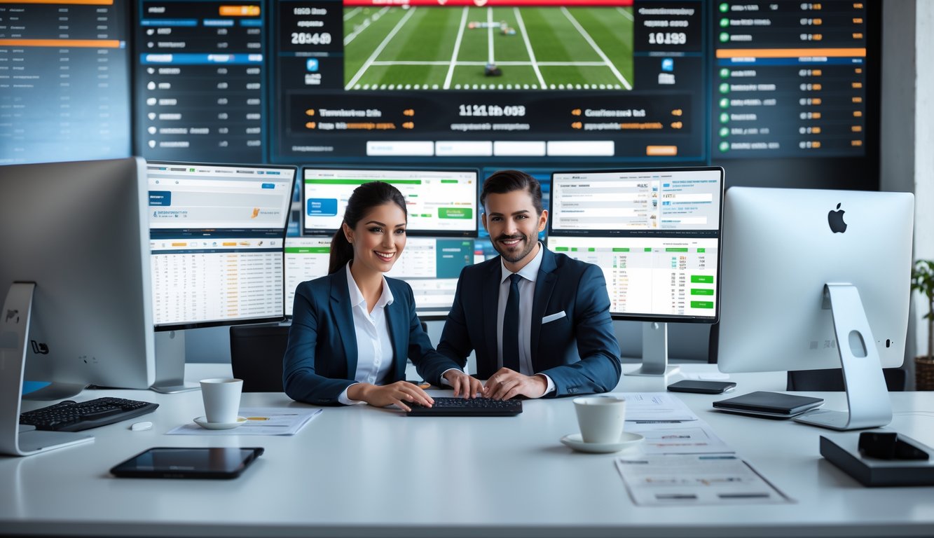 Dua agen profesional sedang bekerja bersama di kantor modern dengan beberapa layar komputer menampilkan statistik olahraga dan transaksi cepat.