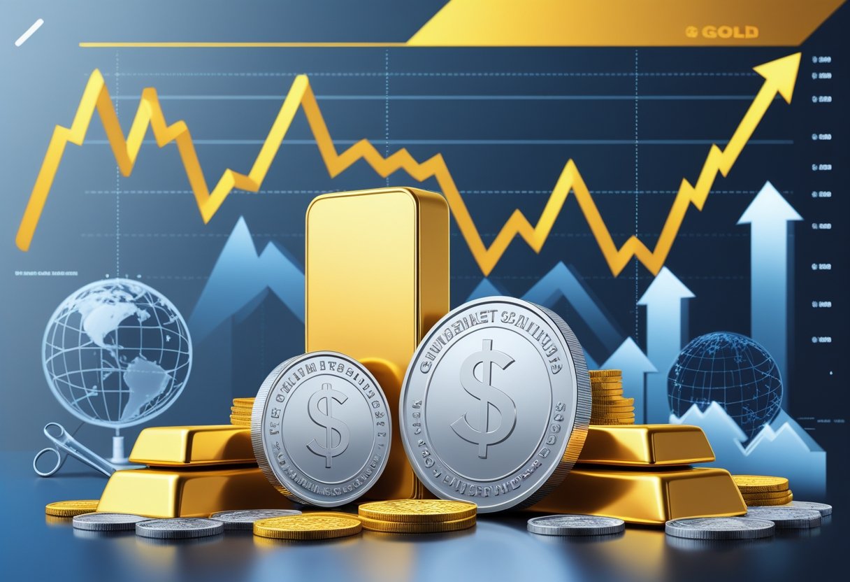 Gold and silver bars and coins displayed with a rising financial chart in the background, symbolizing increasing market values.