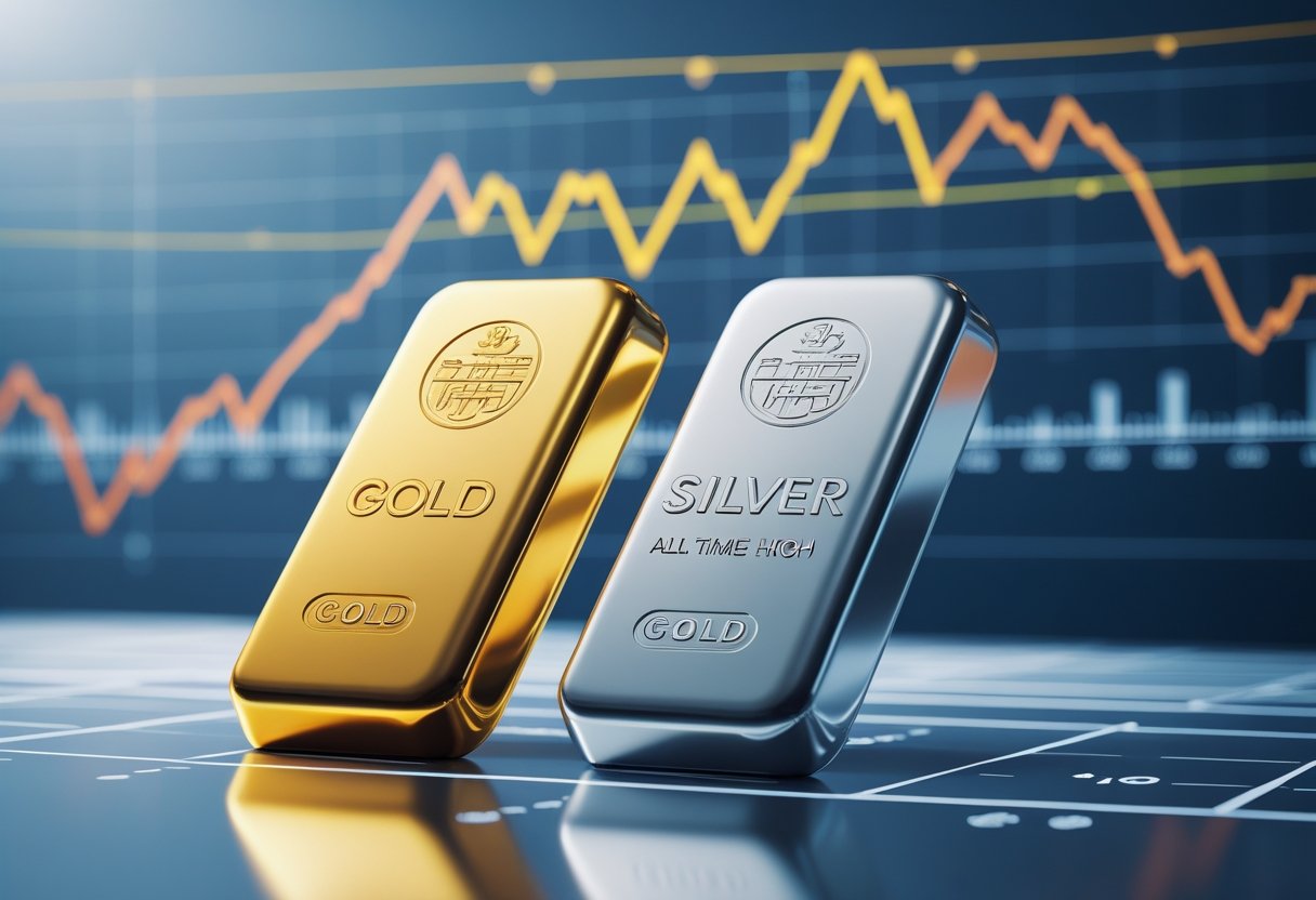 Two bars of gold and silver placed side by side with a rising line graph behind them showing their peak values.