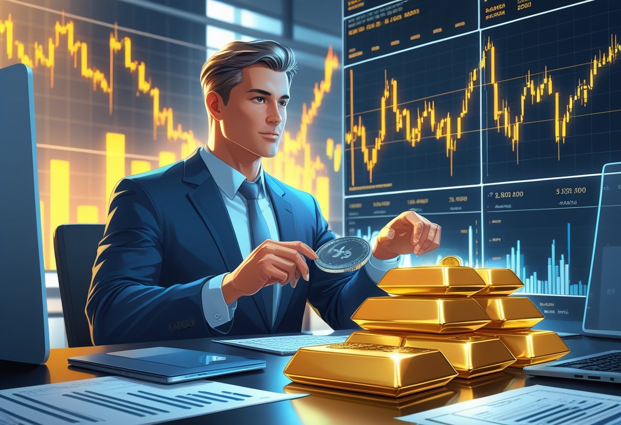 An investor in a modern office studies financial charts with gold bars and silver coins on the desk, surrounded by upward-trending market graphs.