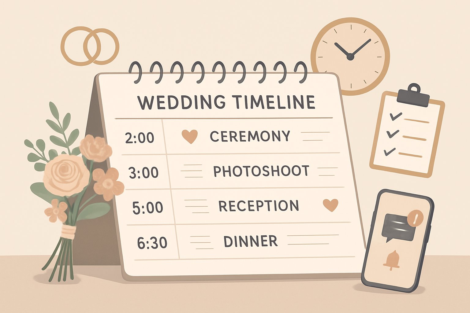 A table with a detailed wedding planner calendar, surrounded by wedding rings, a bouquet, a clock, a checklist, and a smartphone, representing organized wedding day planning.