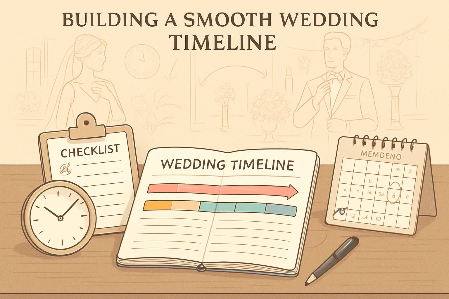 A wedding planner's desk with a detailed timeline schedule, checklist, clock, and calendar, alongside calm bride and groom preparing for their wedding day.
