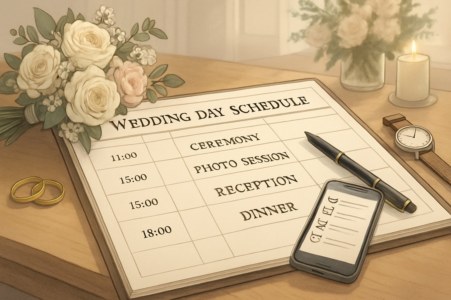 A desk with a detailed wedding day schedule planner surrounded by wedding items like a bouquet, rings, and a watch.