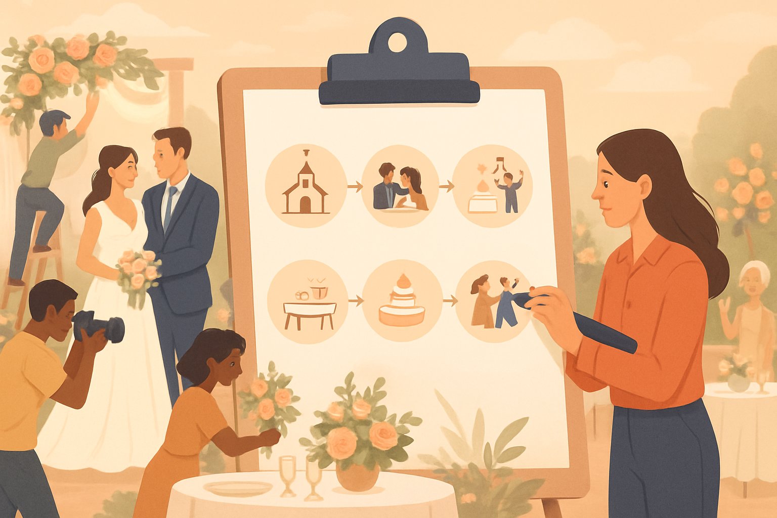 A wedding planner organizing a detailed schedule while the bride, groom, family, and vendors prepare for the ceremony and reception at a decorated wedding venue.