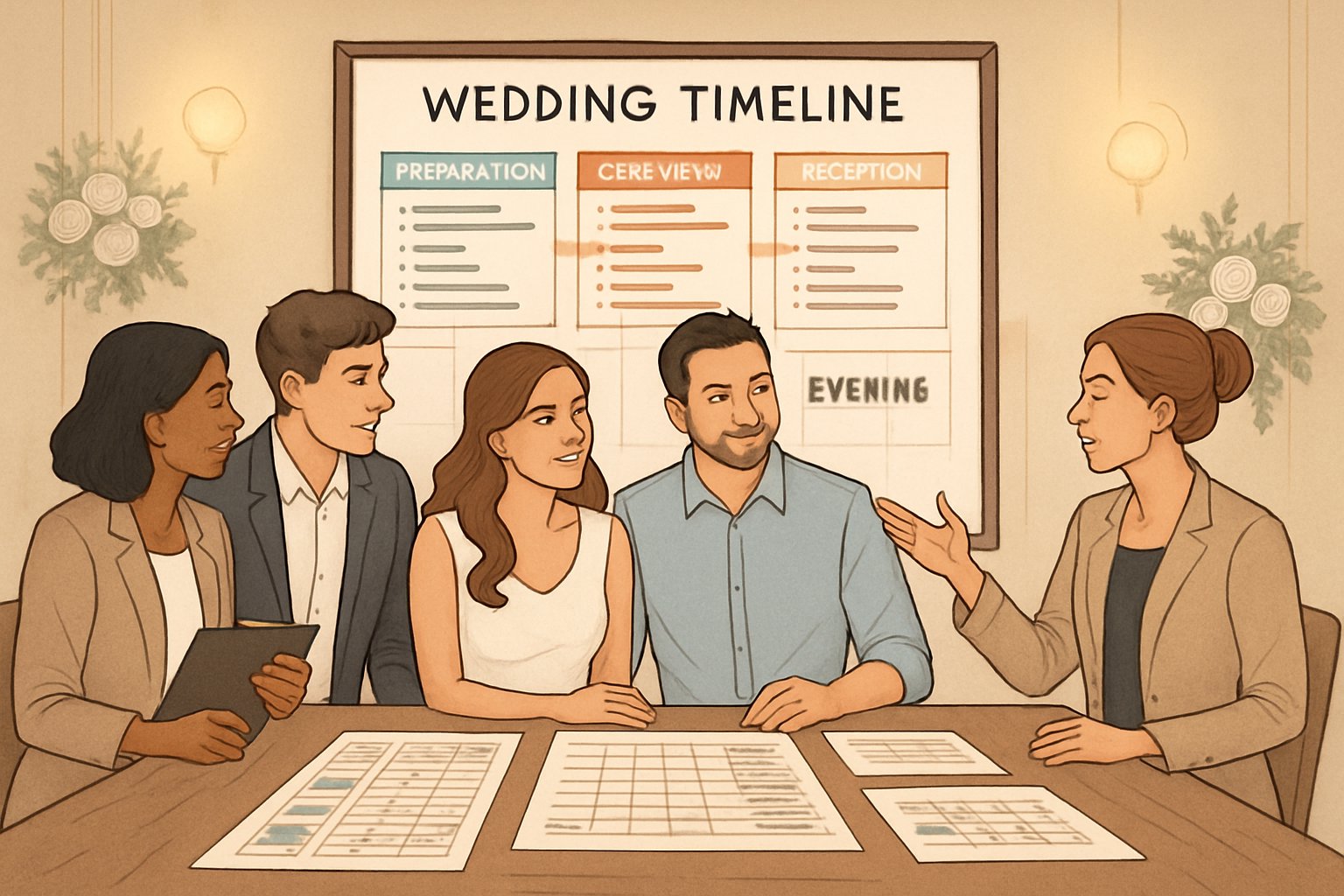 A group of people planning a wedding timeline around a table with schedules and a large timeline chart on the wall.