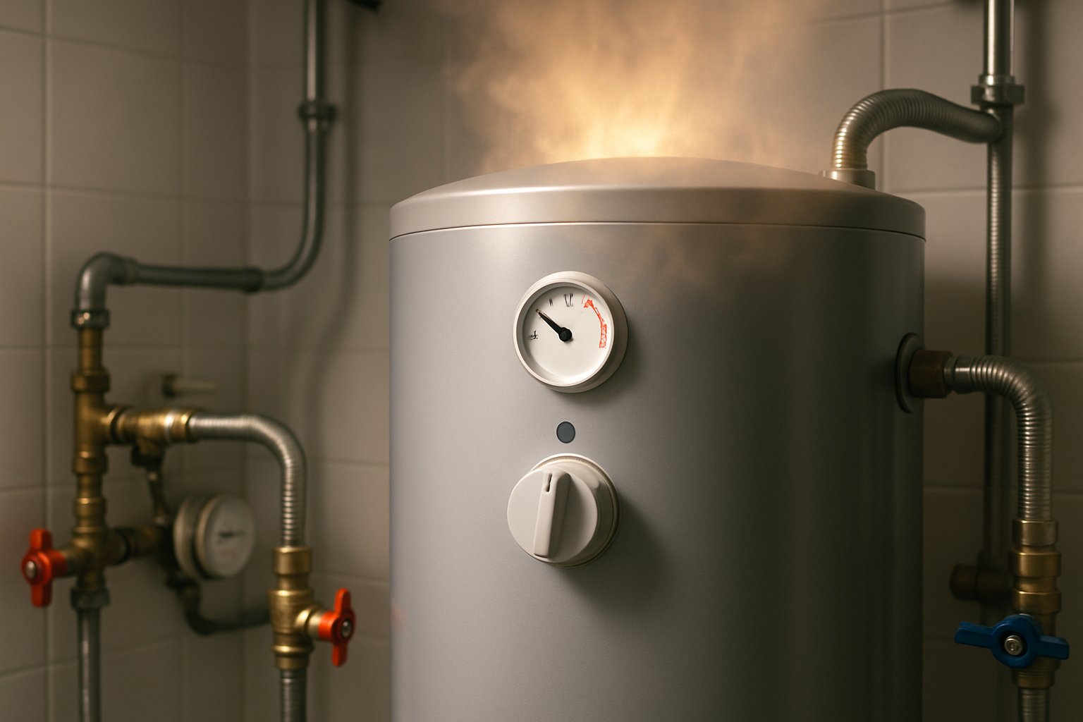 Close-up of a modern hot water heater with pipes and valves in a clean utility room.