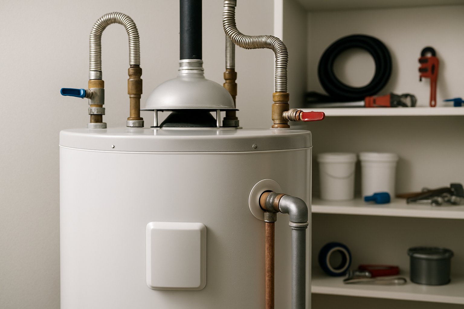 Close-up of a residential water heater with pipes and valves in a utility room.