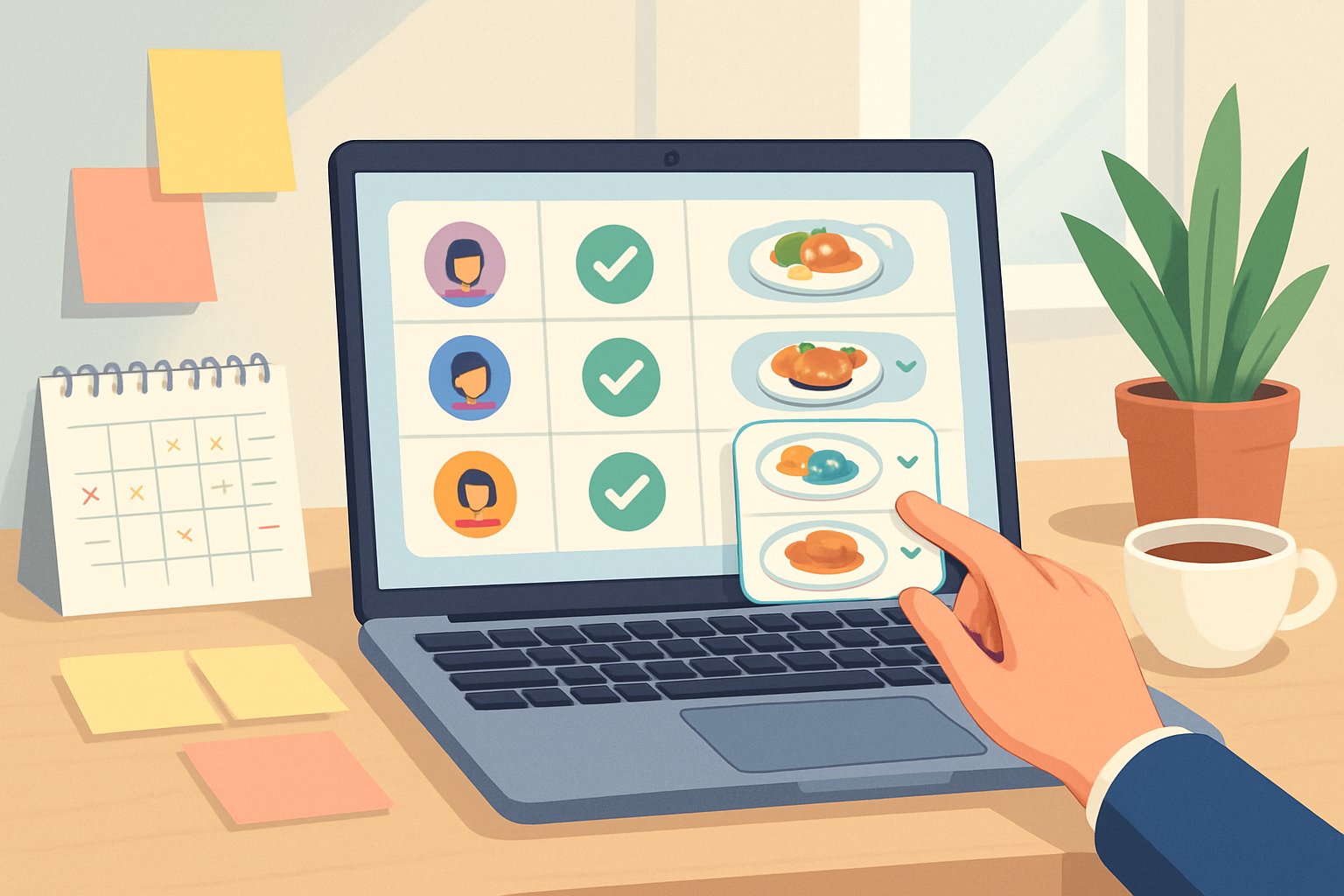 A person organizing RSVPs and meal choices on a laptop with a digital dashboard showing guest confirmations and meal options at a tidy desk.