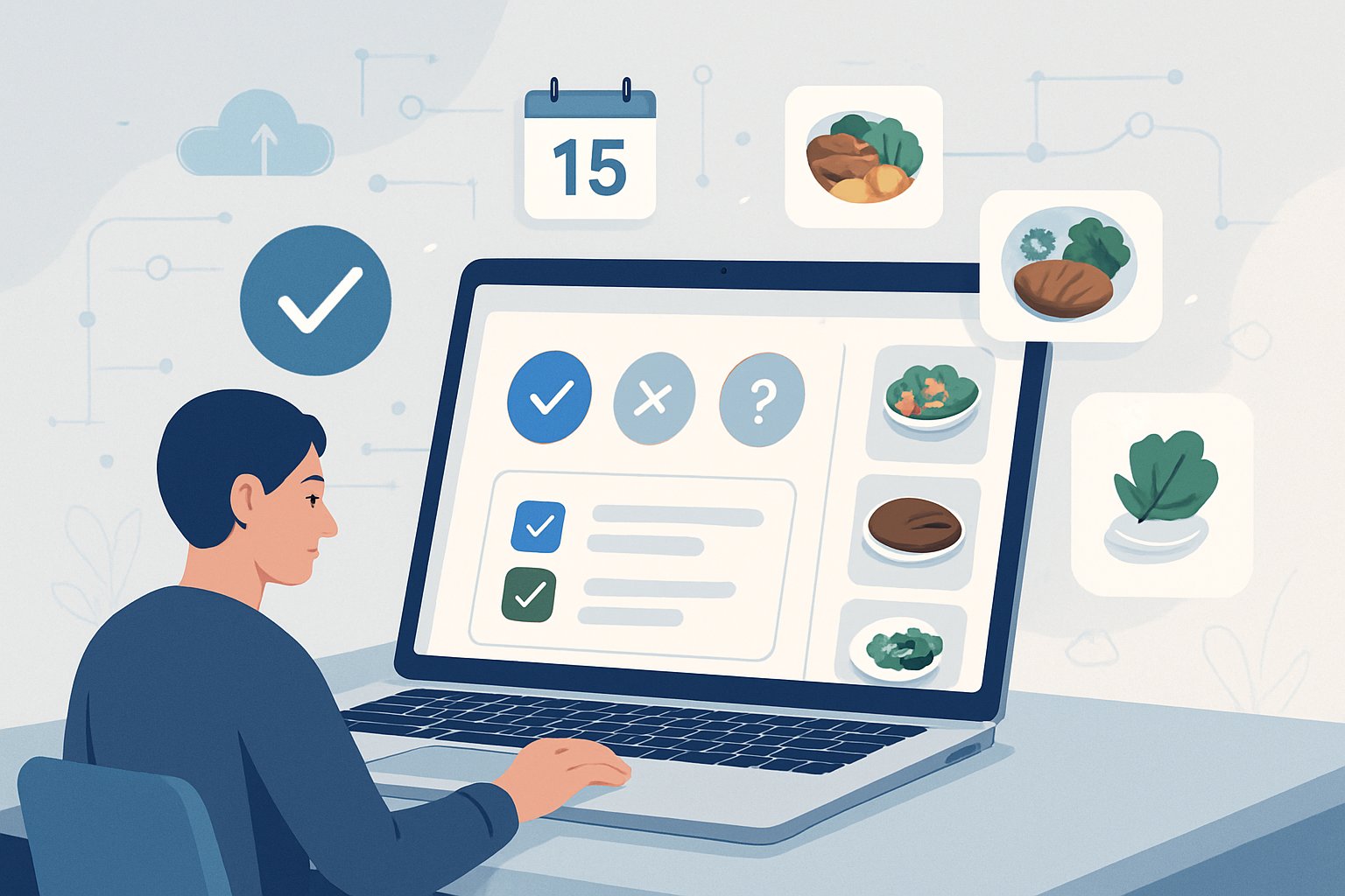 A person using a laptop showing a digital dashboard for managing RSVPs and meal choices, surrounded by icons of meals and calendar dates.