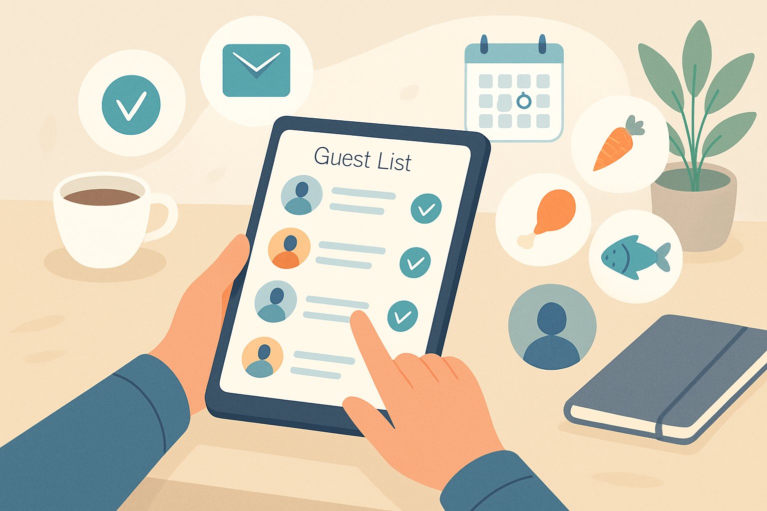 A person organizing guest RSVPs and meal choices using a digital device, with icons for guests, calendar, and meals around them.