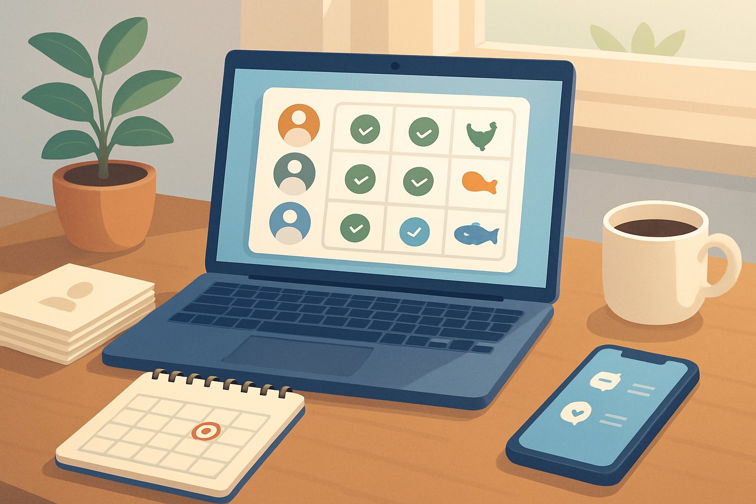 A workspace with a laptop showing a dashboard for managing RSVPs and meal choices, surrounded by invitation cards, a calendar, and a smartphone on a tidy desk.