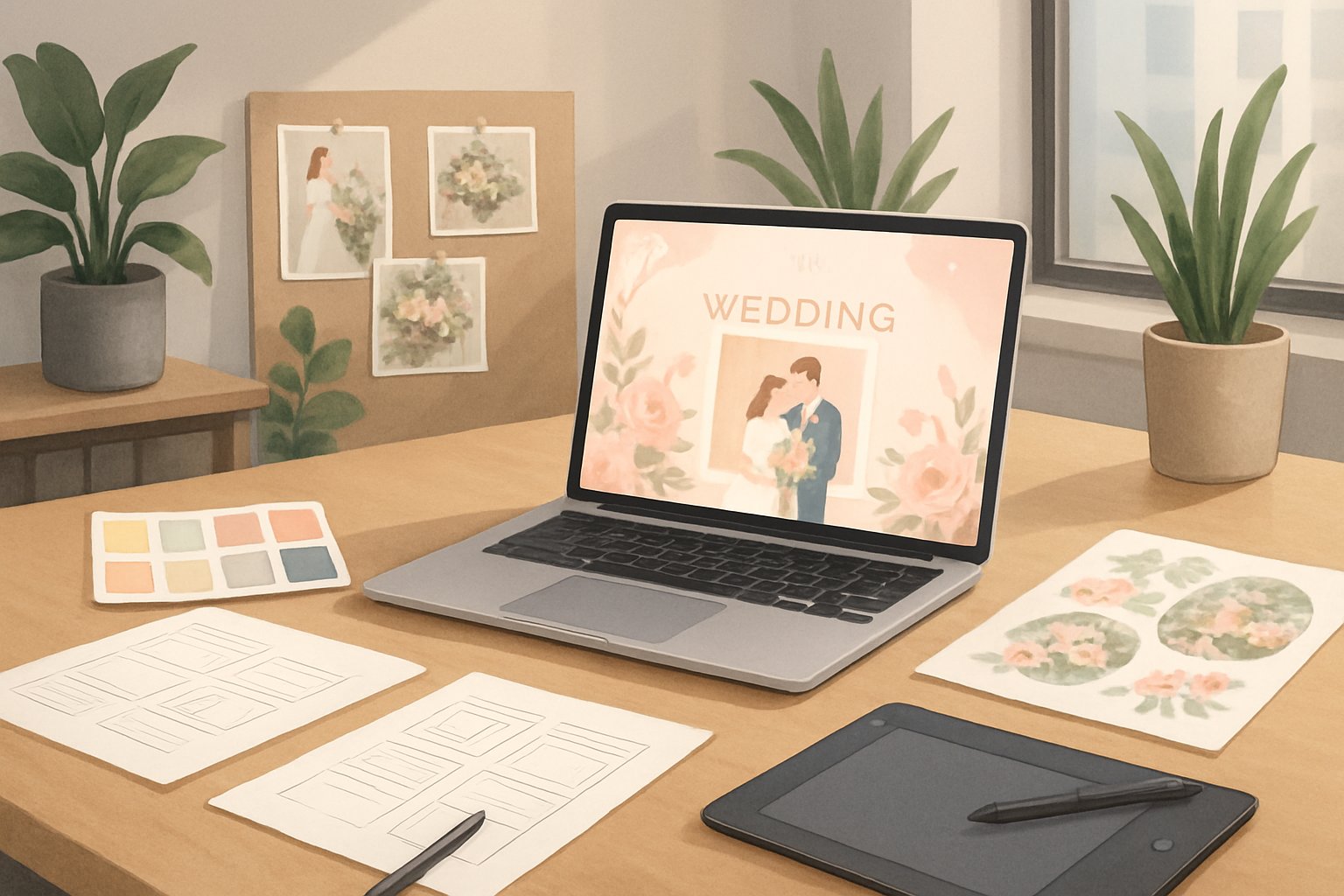 A workspace with a laptop showing a wedding website design, surrounded by design tools, mood boards, and wedding inspiration photos.