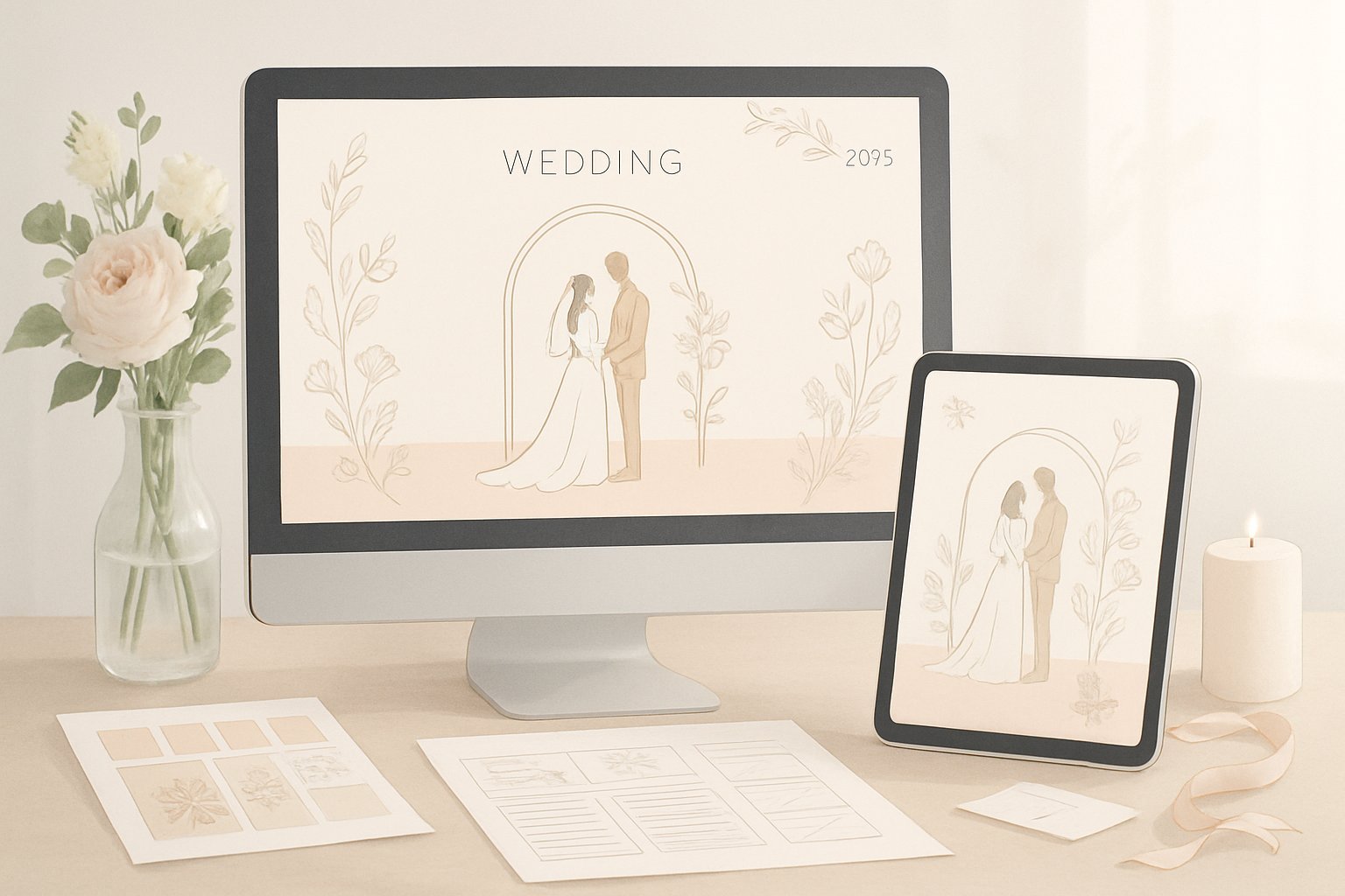 A workspace with a computer and tablet showing a wedding website design surrounded by design tools and flowers.