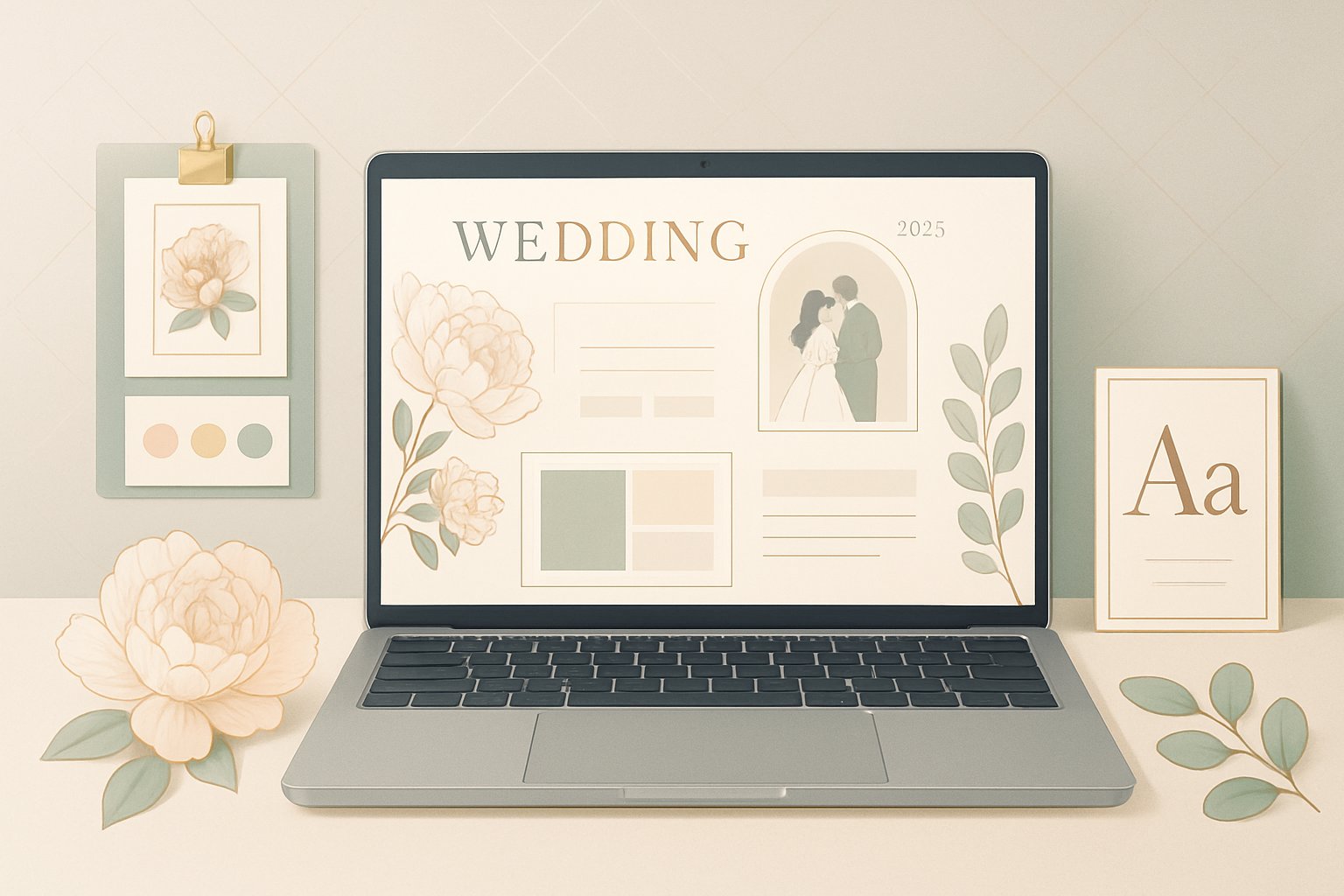 A digital workspace with a laptop showing a wedding website design, surrounded by color swatches, typography samples, and floral decorations.