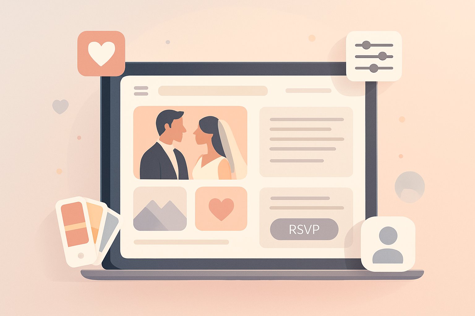 A digital device displaying an elegant wedding website interface with interactive and personalized design elements surrounded by icons representing customization.