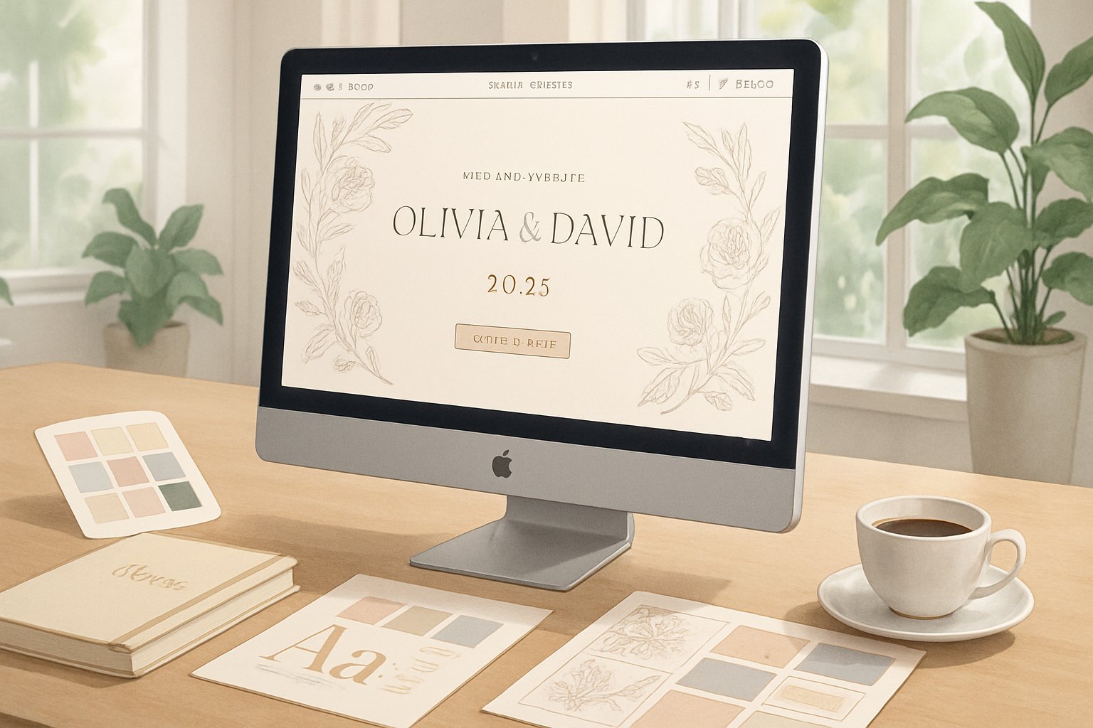 A person working on a computer designing a wedding website in a bright room with design materials and natural light.