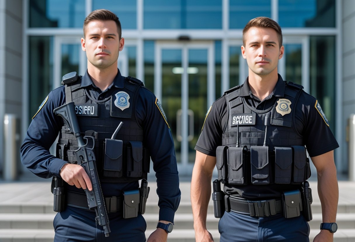 Two security guards standing side by side outside a modern office building, one armed with a firearm and the other unarmed, both wearing dark uniforms.