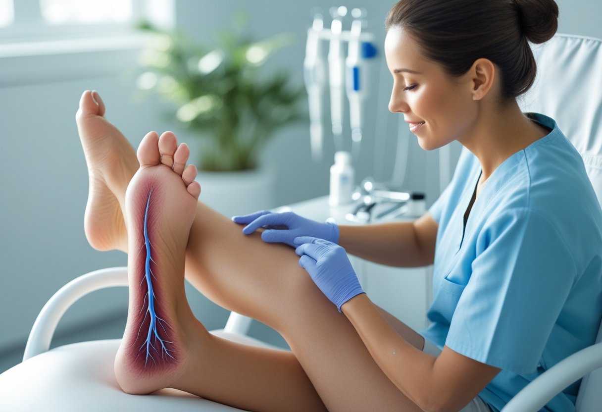 Close-up das pernas de uma mulher mostrando varizes em uma perna e pele saudável na outra, com um profissional de saúde examinando a perna afetada em um ambiente médico.