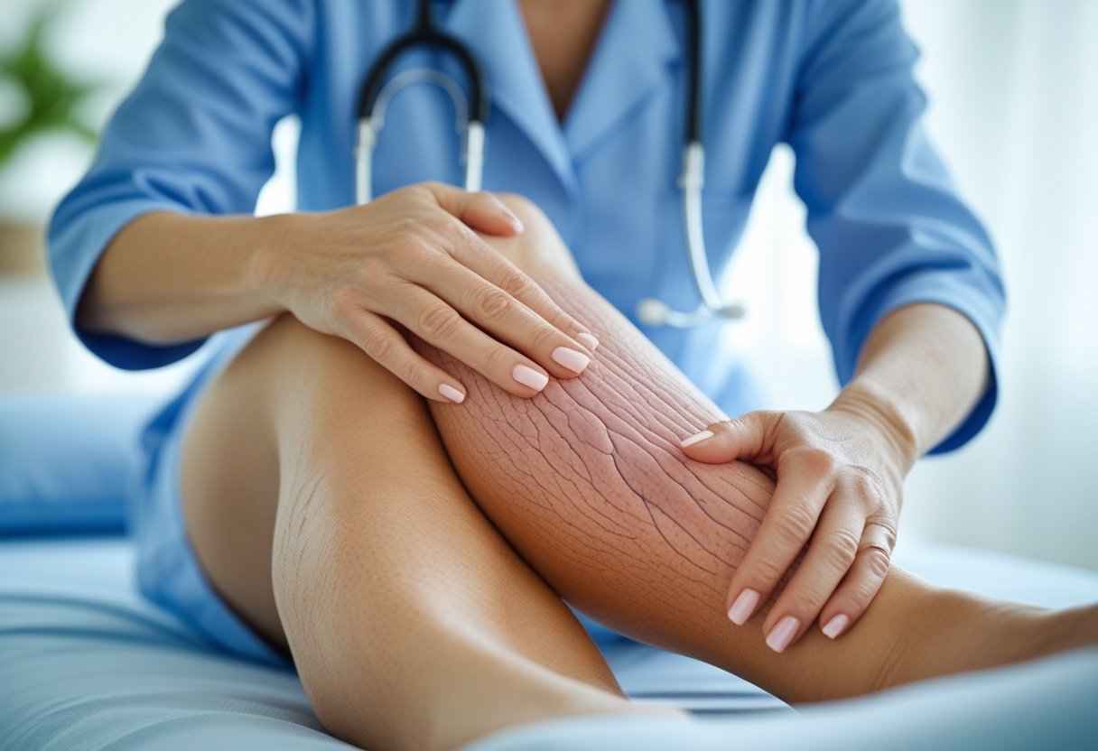 Close-up das pernas de uma mulher com varizes, mostrando sinais comuns como inchaço e descoloração, em um ambiente médico claro e limpo.