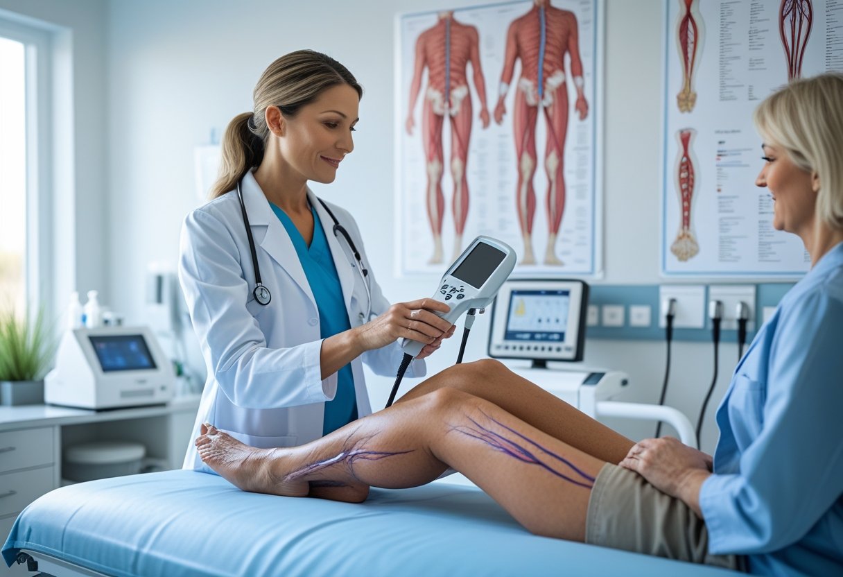 Uma médica examinando as pernas de uma paciente com varizes em uma clínica médica moderna.