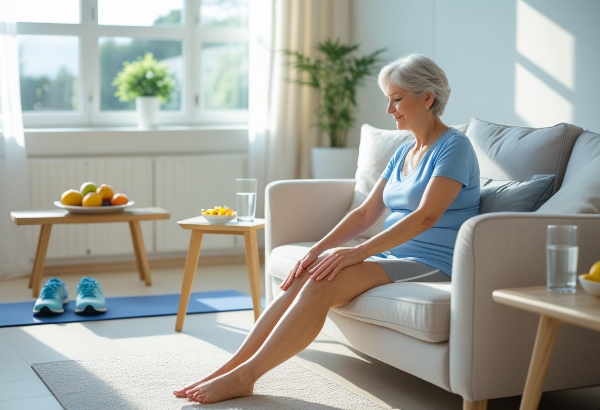 Mulher sentada em um sofá massageando as pernas, com frutas e tênis ao lado, em uma sala iluminada e organizada.