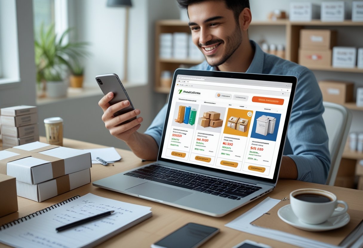 Pessoa jovem trabalhando em um escritório em casa, usando laptop e celular para vender produtos online, com pacotes organizados na mesa e prateleiras ao fundo.