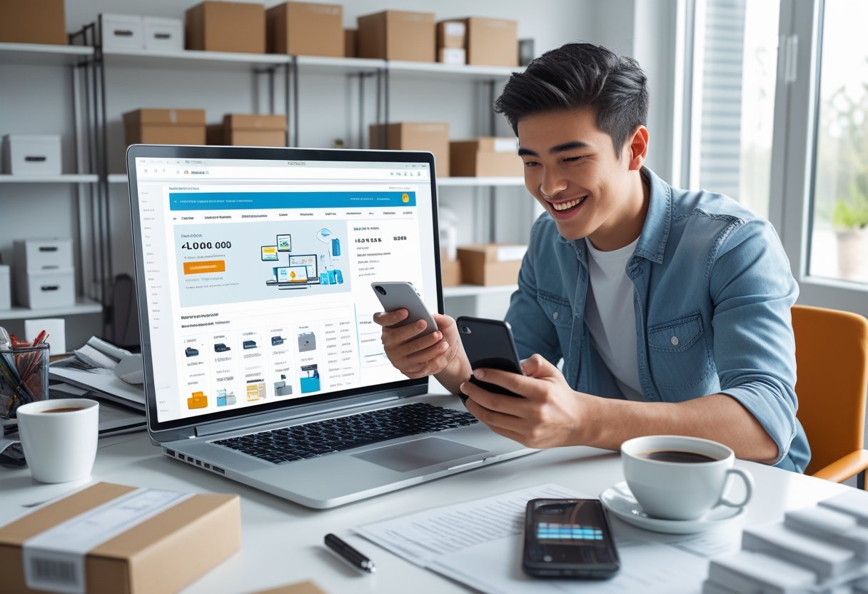 Pessoa jovem em um escritório em casa usando laptop e smartphone para vender produtos online, com caixas organizadas ao redor.
