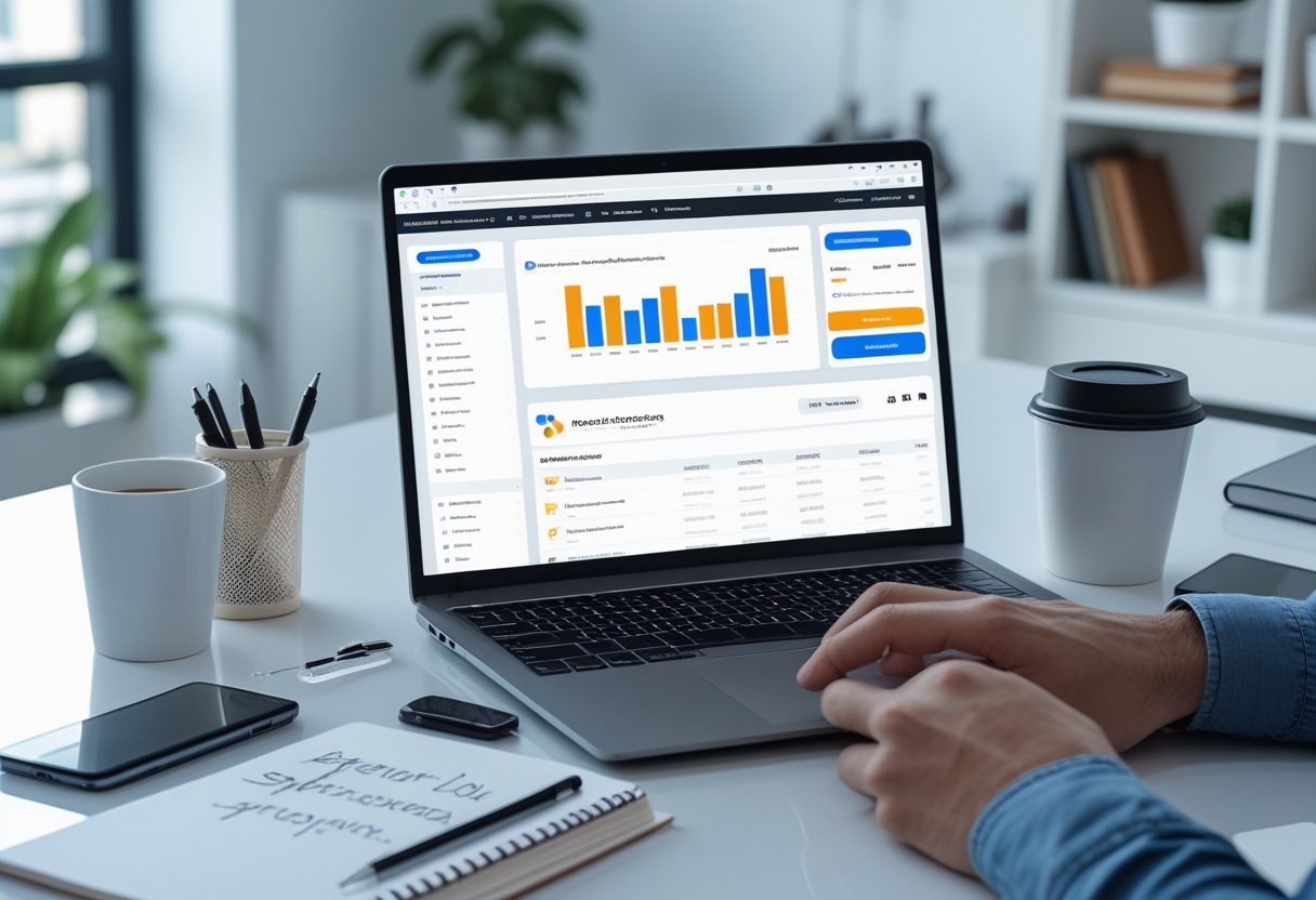 Pessoa sentada em uma mesa de trabalho usando um laptop para configurar uma conta de vendedor em um marketplace online.