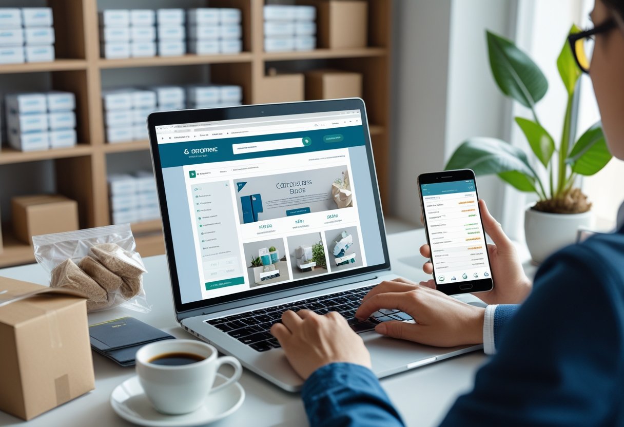 Pessoa trabalhando em um escritório moderno com laptop mostrando site de vendas e produtos organizados ao redor.