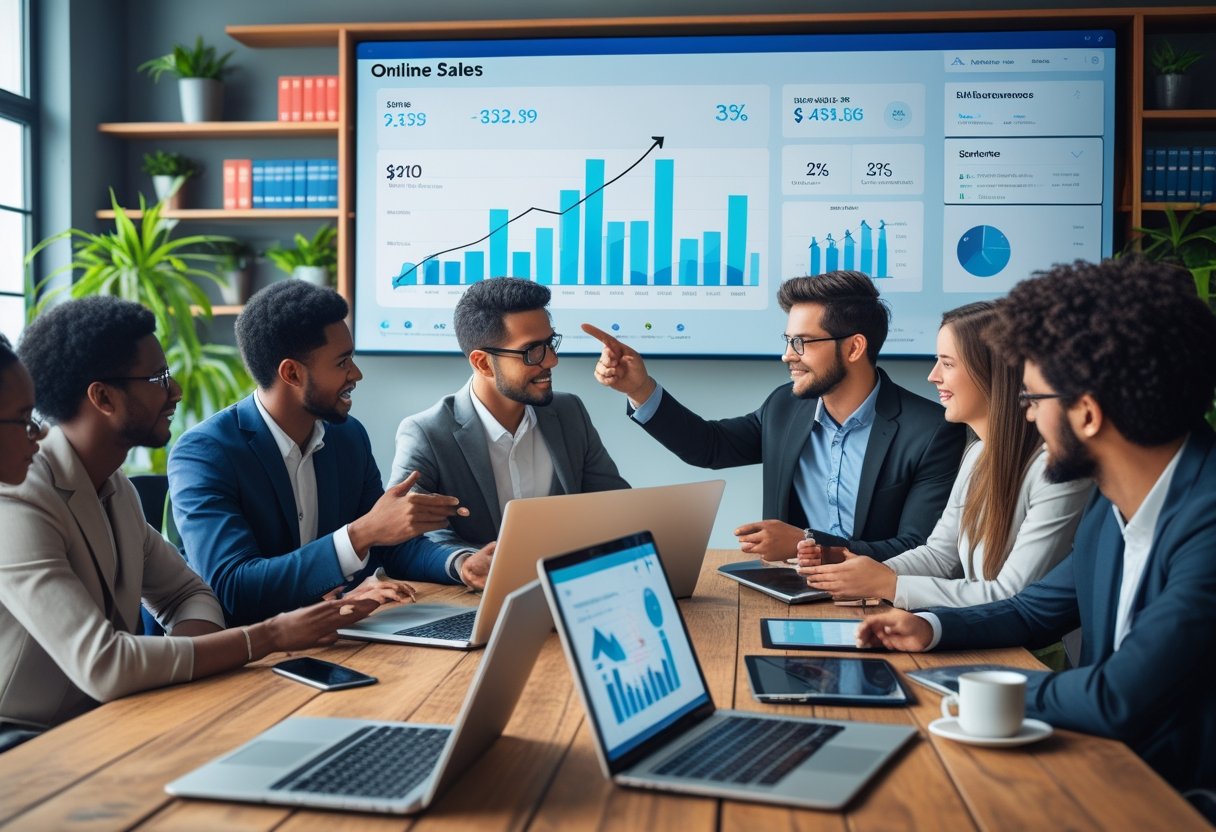 Grupo de profissionais reunidos em uma sala de reuniões, analisando gráficos de vendas em laptops e uma tela digital.
