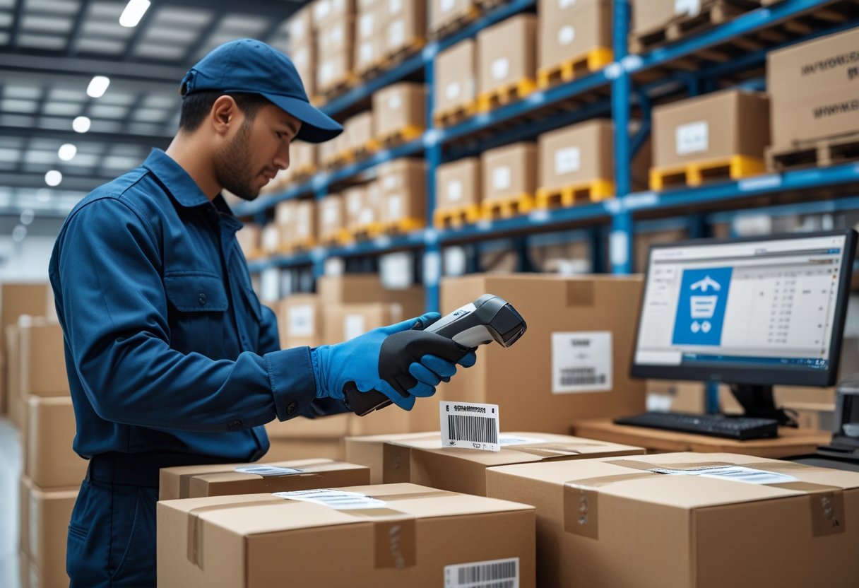 Um trabalhador em um depósito moderno escaneando uma caixa para envio, com prateleiras organizadas e computador ao fundo.
